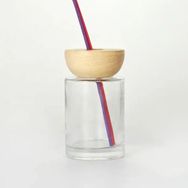 Flacone diffusore a lamella in vetro vuoto rotondo da 100 ml con tappo a vite in legno - immagine 4