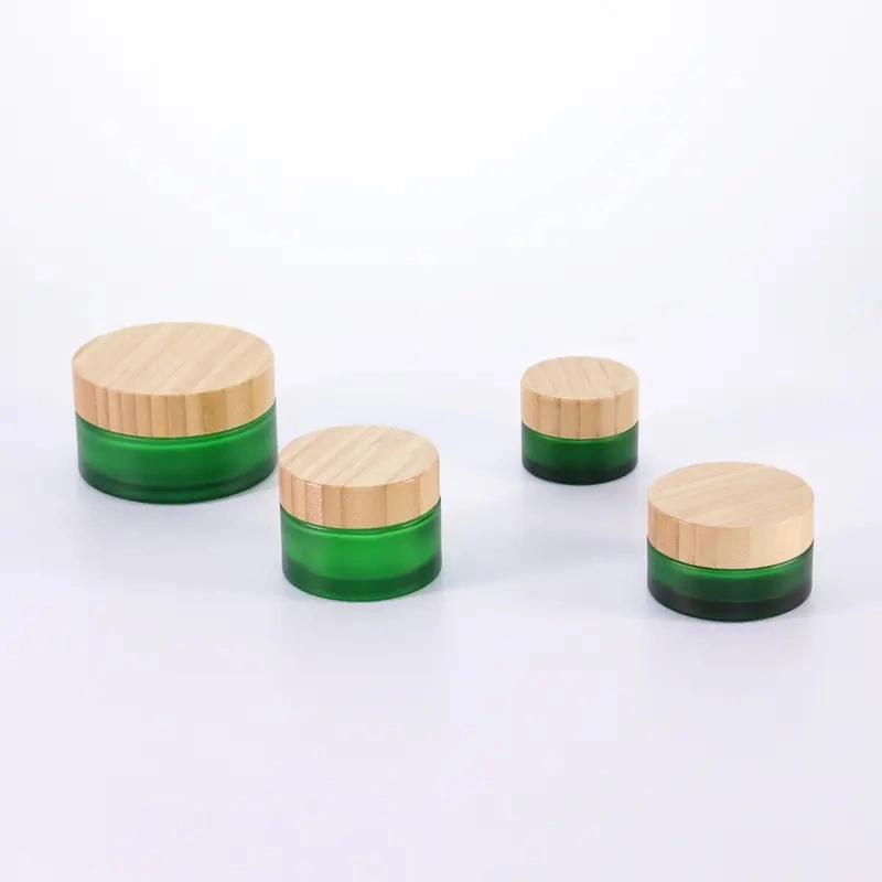 30g Frosted Green Glass Cream Jar with Bamboo Lids