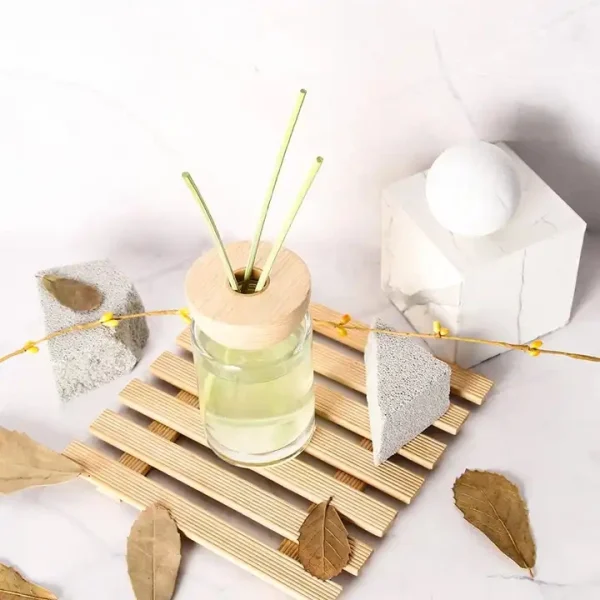 Flacone diffusore a lamella in vetro vuoto rotondo da 100 ml con tappo a vite in legno - immagine 2