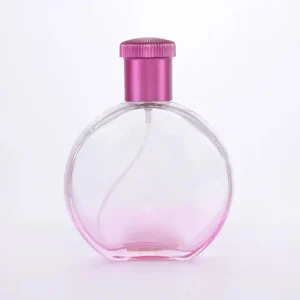 Round Pink Perfume Bottle with Acrylic Bayonet Cap & Golden Aluminum Sprayer