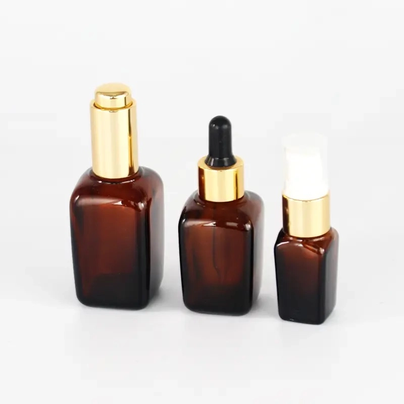 Square Amber Glass Essential Oil Bottles - 30ml with Electroplated Droppers