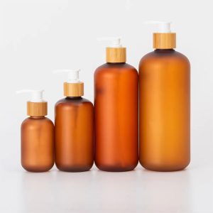 Amber PET Plastic Shampoo Bottle with Bamboo Press Pump