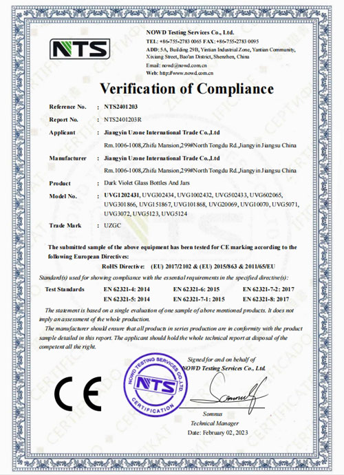 Uzone Dark Violet Glass CE Certification