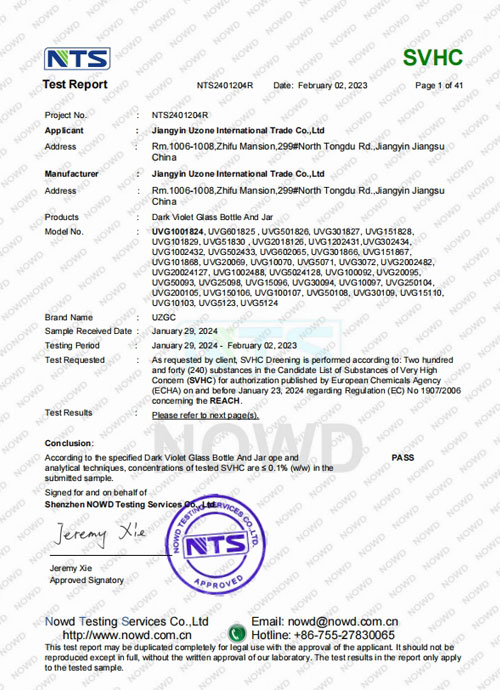 Uzone Dark Violet Glass Certification REACH Test Report